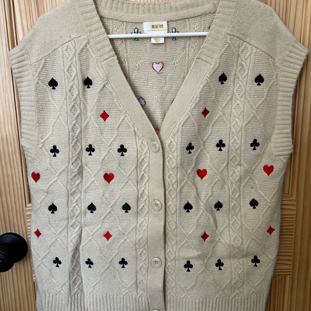 Anthropologie Beige Cardigan with Red and Black Card Motif